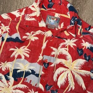 Jams World Palms Rayon Hawaiian Shirt Mens Medium Red Short Sleeve Mountains